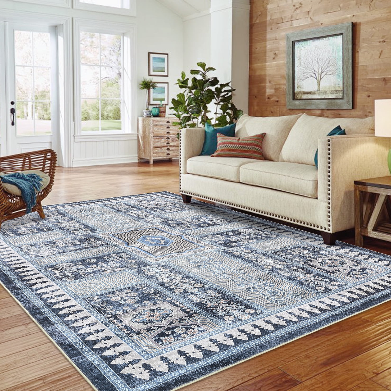 HOMERRY 8' x 10' Washable Bedroom Carpet Floral Geometric Area Rug for Dining Room, Blue