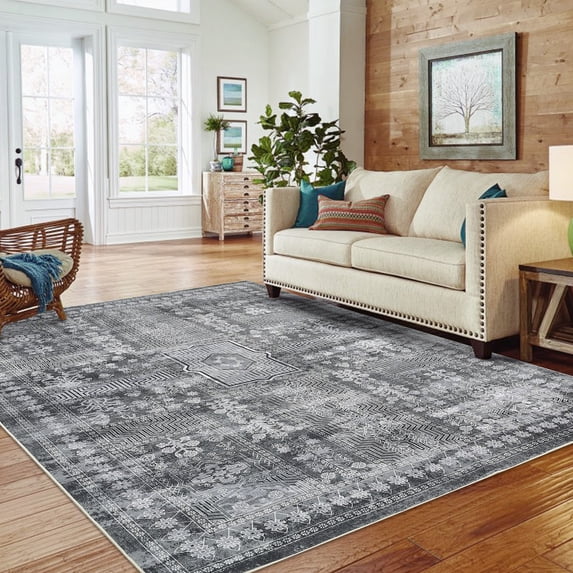 HOMERRY 8' x 10' Washable Bedroom Carpet Floral Geometric Area Rug for Dining Room, Gray