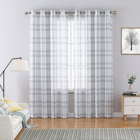 HOMERRY 84"x52" Sheer Curtain with Checked Linen Curtain, Decorative Transparent Window Curtains with Eyelets for Dinning Living Room, Gray, 2 Panels