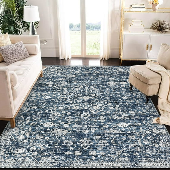 HOMERRY 9' x 12' Area Rug for Living Room Boho Vintage Rug Non Slip Throw Rugs Floral Bedroom Rug, Blue