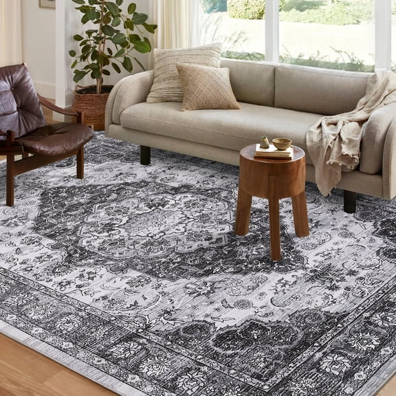 HOMERRY 9' x 12' Area Rug for Living Room Boho Vintage Rug Non Slip Throw Rugs Floral Bedroom Rug, Gray