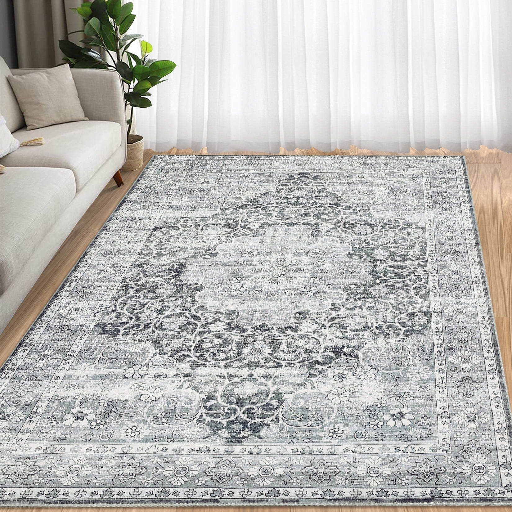 Gray Floral 9' x 12' Washable Synthetic Area Rug