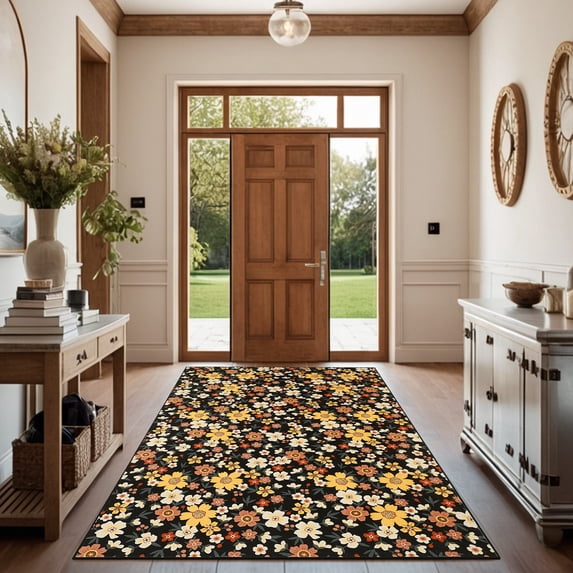 HOMERRY 9' x 12' Area Rug for Living Room Indoor Washable Bedroom Floral Carpet for Floor Decoration, Black Yellow