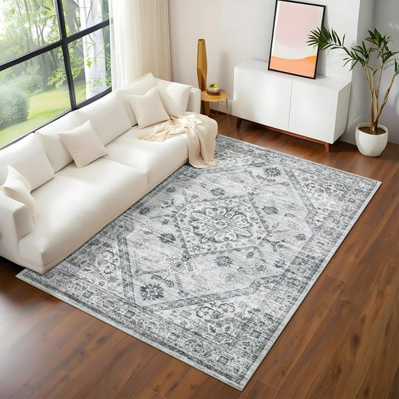 HOMERRY 9' x 12' Area Rug for Living Room Washable Bedroom Distressed Boho Floral Carpet, Light Gray