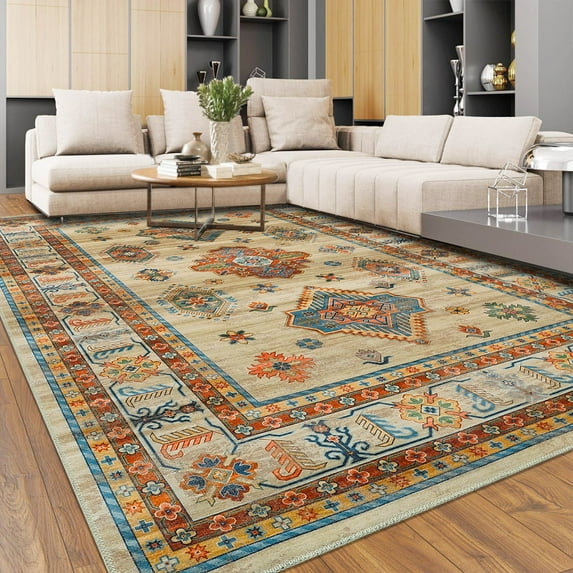 HOMERRY 9' x 12' Area Rug for Living Room Washable Bedroom Floral Geometric Carpet for Floor Decoration, Beige/Yellow
