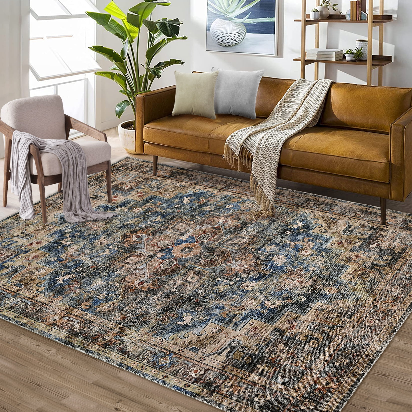 Vintage Blue and Brown Distressed Floral 9' x 12' Chenille Area Rug