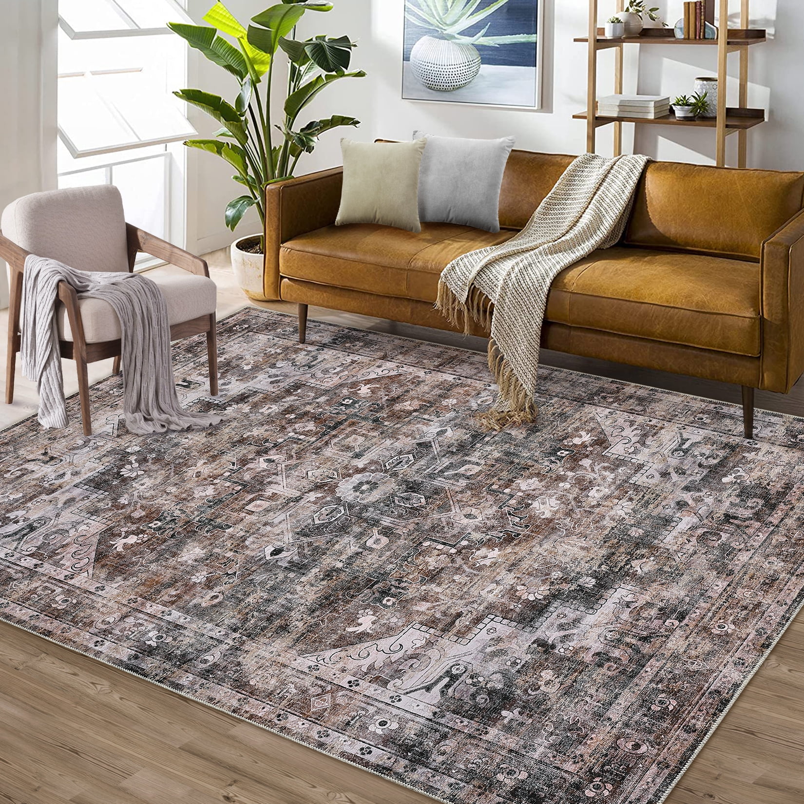 HOMERRY 9' x 12' Area Rug for Living Room Washable Bedroom Floral Geometric Carpet for Room Decor, Brown