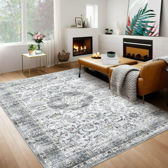 HOMERRY 9' x 12' Area Rug for Living Room Washable Bedroom Floral Geometric Carpet for Room Decor, Gray