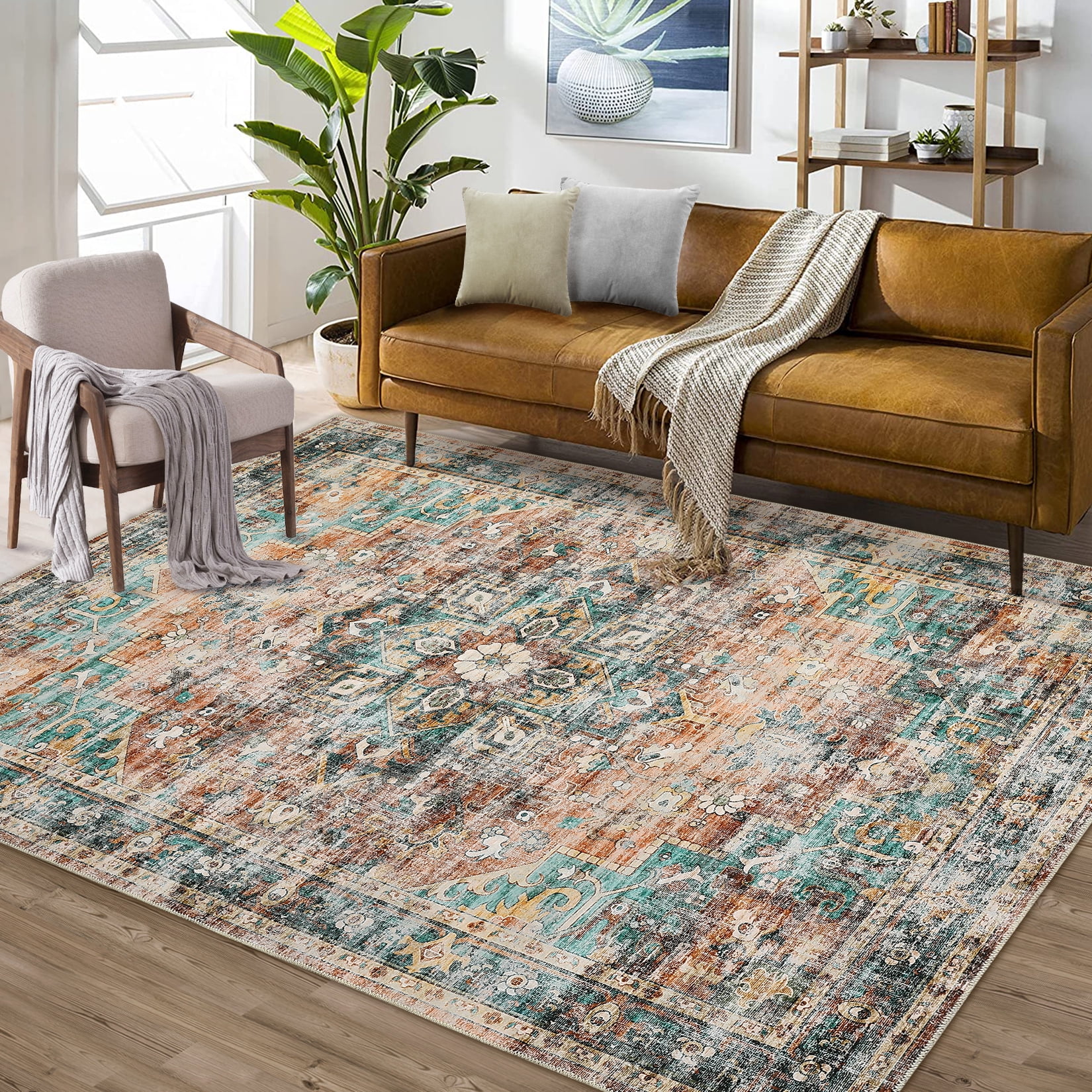 HOMERRY 9' x 12' Area Rug for Living Room Washable Bedroom Floral Geometric Carpet for Room Decor, Green/Brown