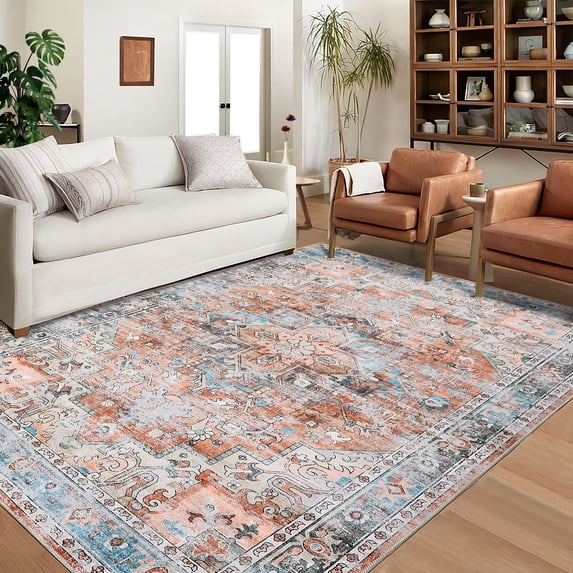 HOMERRY 9' x 12' Area Rug for Living Room Washable Bedroom Floral Geometric Carpet for Room Decor, Red/Orange