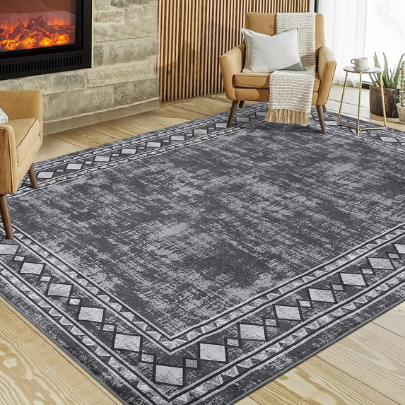 HOMERRY 9' x 12' Area Rug for Living Room Washable Bedroom Geometric Border Indoor Carpet, Gray