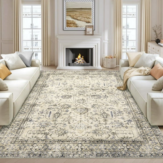 HOMERRY 9' x 12' Area Rug for Living Room Washable Bedroom Indoor Floral Carpet, Beige