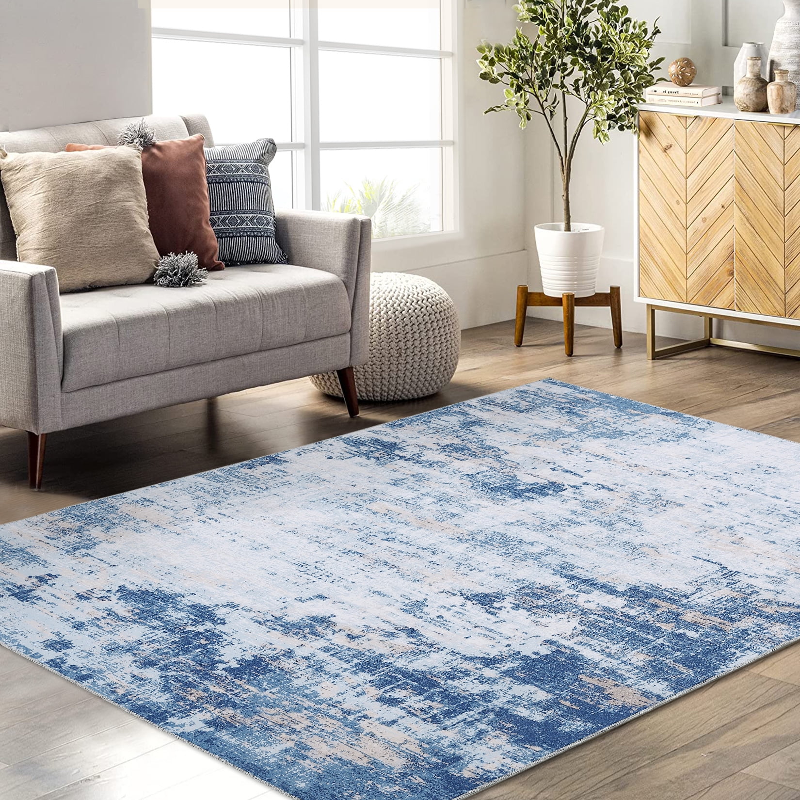 Blue Abstract 9' x 12' Washable Synthetic Area Rug