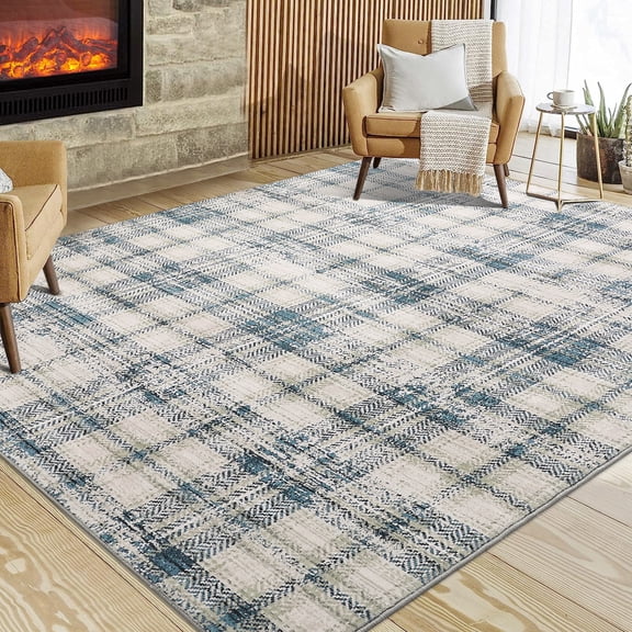 HOMERRY 9' x 12' Area Rug for Living Room Washable Bedroom Plaid Geometric Carpet, Blue/Beige