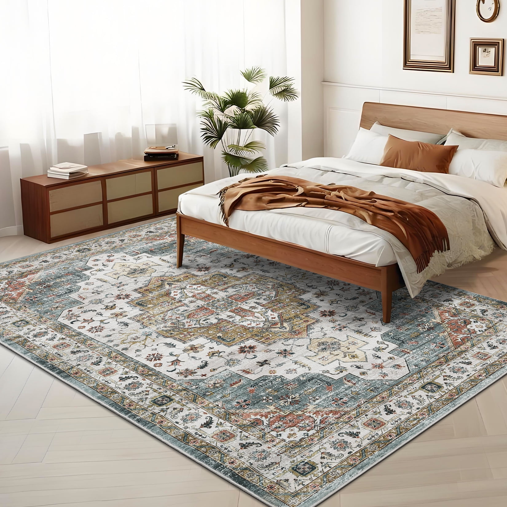 HOMERRY 9' x 12' Area Rug for Living Room Washable Bedroom Vintage Floral Indoor Carpet, Light Green