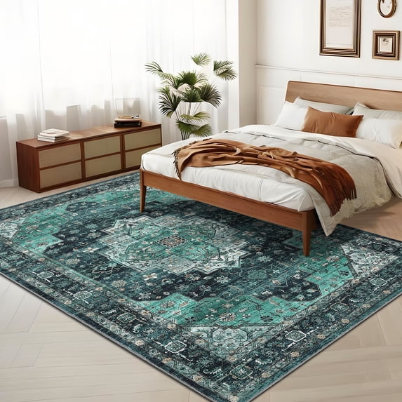 HOMERRY 9' x 12' Area Rug for Living Room Washable Bedroom Vintage Floral Indoor Carpet, Teal