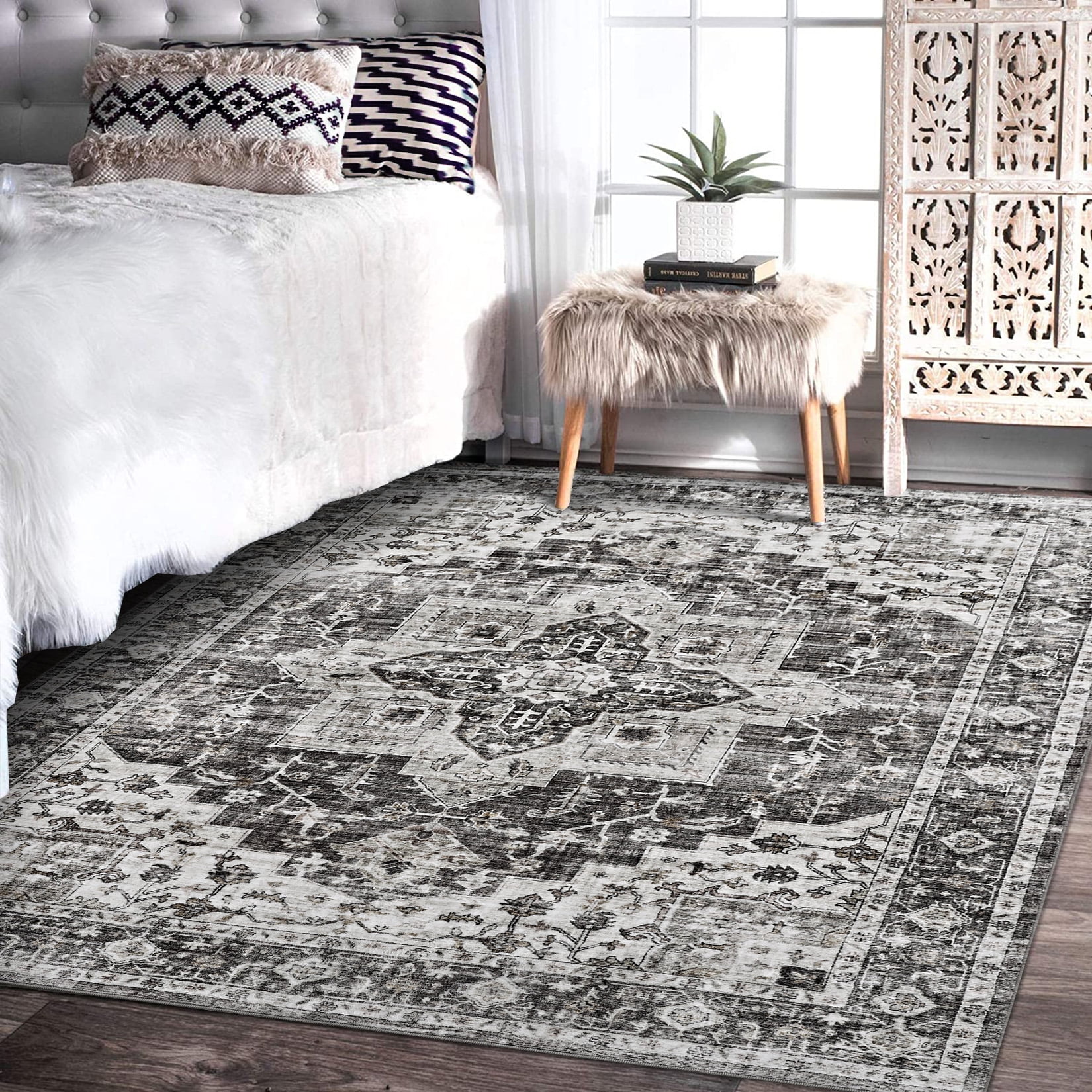 Gray 9' x 12' Washable Synthetic Medallion Area Rug
