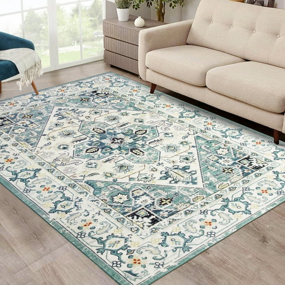 HOMERRY 9' x 12' Area Rug for Living Room Washable Bedroom Vintage Floral Print Carpet, Teal