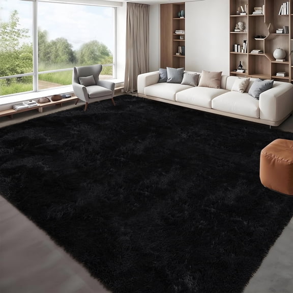HOMERRY 9 x 12 Fluffy Area Rug for Bedroom, Fuzzy Shag Area Rug for Living Room Non-Skid Plush Large Rug Shaggy Decorative Accent Rug for Indoor Home Floor Carpet, Black