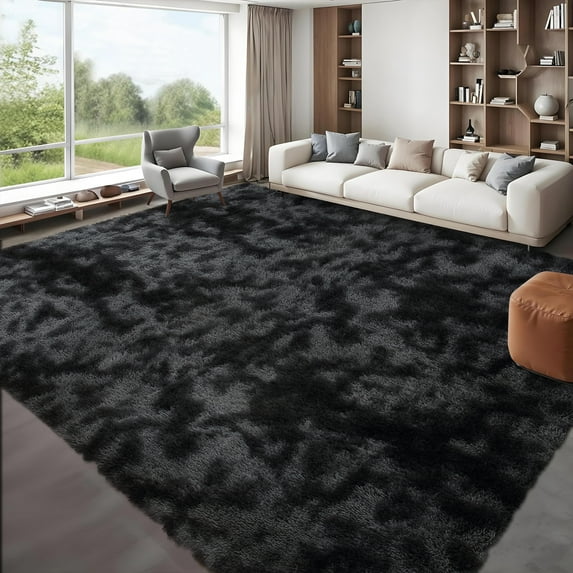 HOMERRY 9 x 12 Fluffy Area Rug for Bedroom, Fuzzy Shag Area Rug for Living Room Non-Skid Plush Large Rug Shaggy Decorative Accent Rug for Indoor Home Floor Carpet, Tie-dye Gray/Black