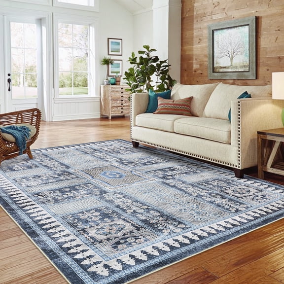 HOMERRY 9' x 12' Washable Bedroom Carpet Floral Geometric Area Rug for Dining Room, Blue