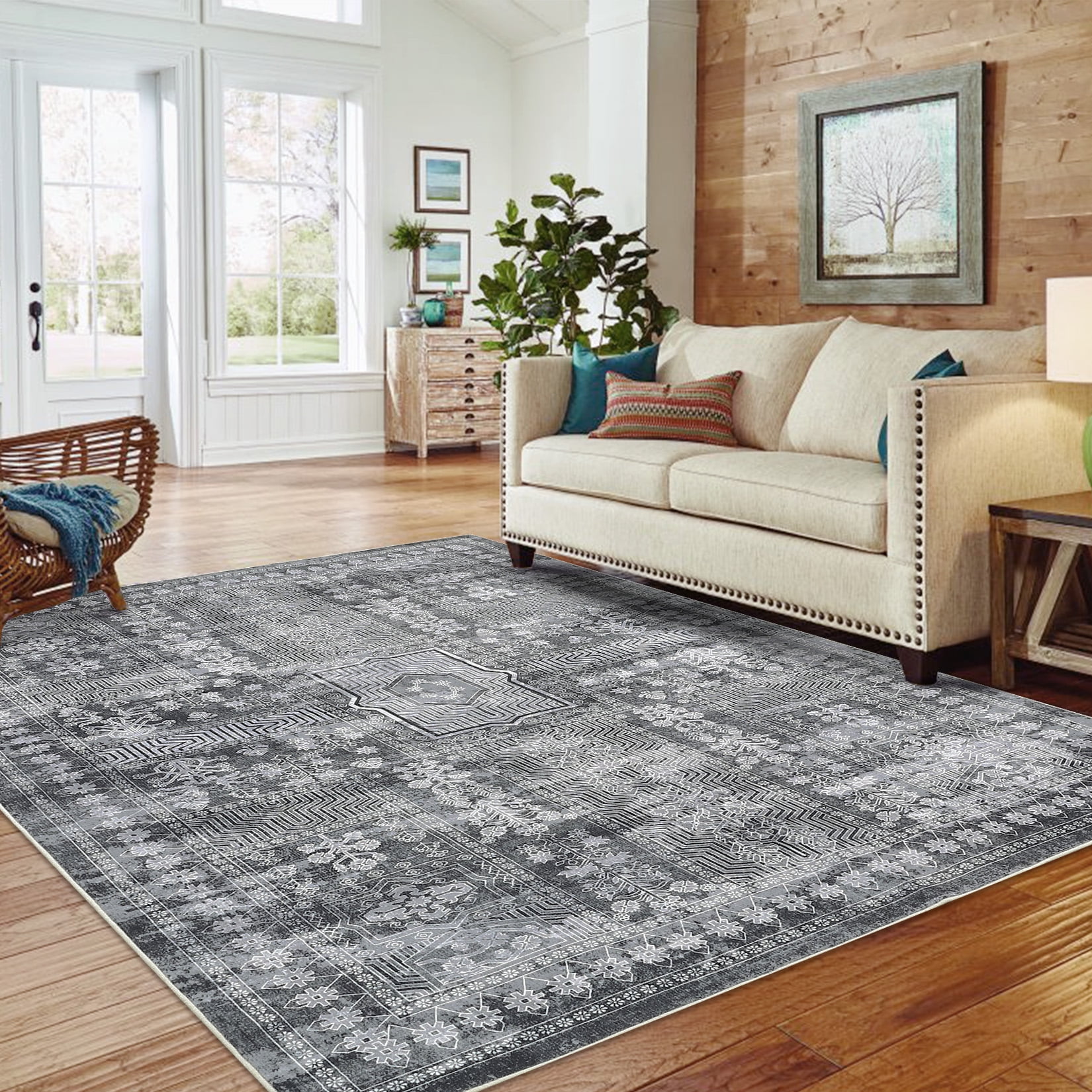 HOMERRY 9' x 12' Washable Bedroom Carpet Floral Geometric Area Rug for Dining Room, Gray