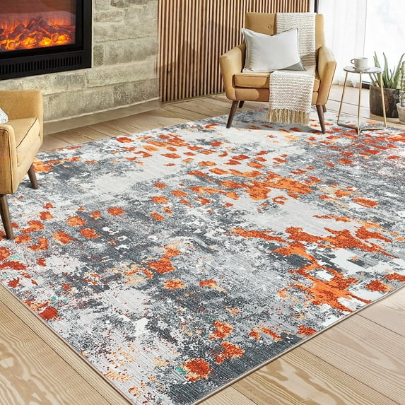 HOMERRY Non-Slip Area Rug for Living Room 5' x 7'Abstract Low Pile Rug, Orange/Grey