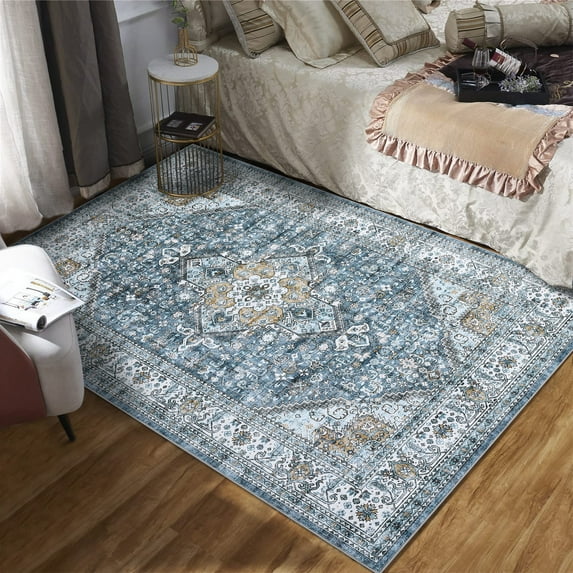 HOMERRY Non-Slip Area Rug for Living Room 5' x 7'Boho Vintage Floral Low Pile Rug, Blue