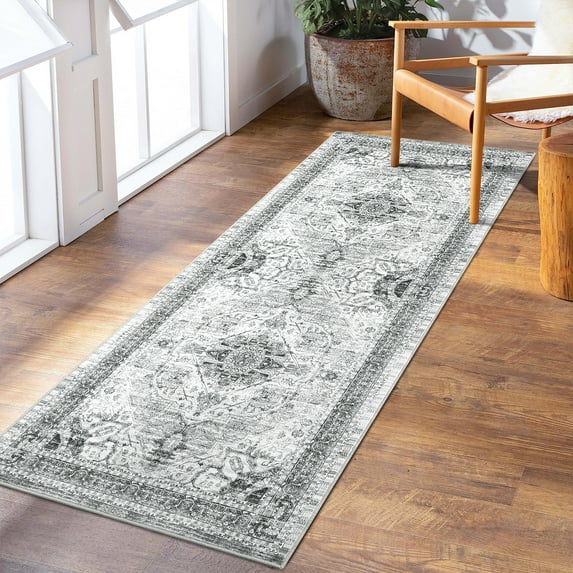 HOMERRY Area Rug 2' x 6' Runner Rug for Living Room Boho Vintage Rug Floral Bedroom Rug, Gray