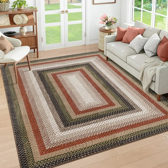 HOMERRY Area Rug 3' x 5' Rugs for Living Room Modern Washable Indoor Braided Print Border Carpet, Black Red