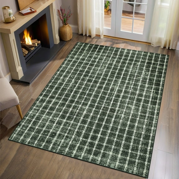 HOMERRY Area Rug 3' x 5' Rugs for Living Room Modern Washable Indoor Plaid Print Carpet, Green