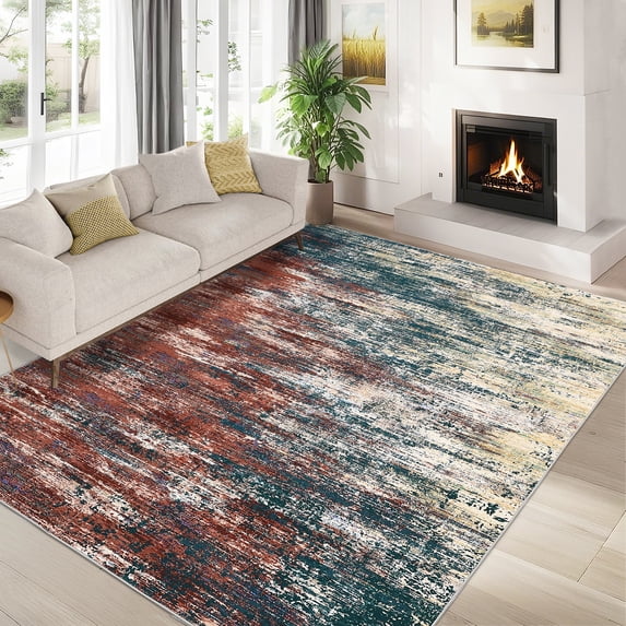 HOMERRY Area Rug 4' x 6' Rug for Living Room Modern Washable Indoor Abstract Print Carpet, Red Green