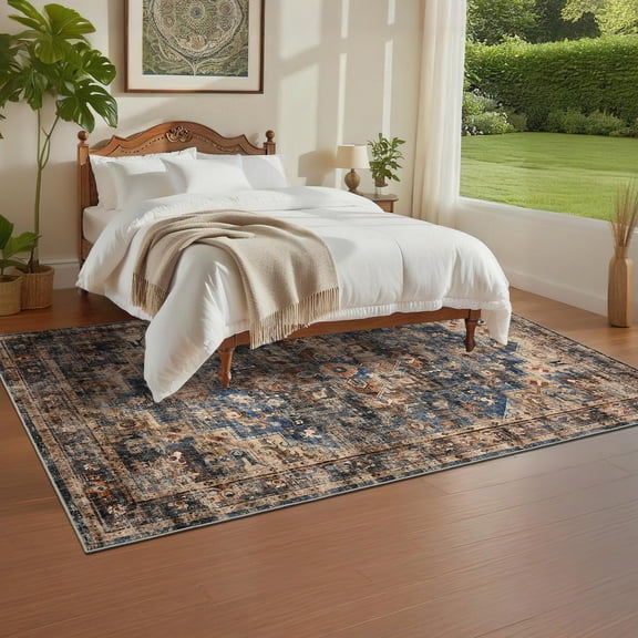 HOMERRY Area Rug 4' x 6' Throw Rugs for Living Room Modern Washable Indoor Floral Print Carpet, Blue/Brown