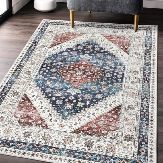 HOMERRY Area Rug 4' x 6' Vintage Washable Rug Oriental Floral Rug for Living Room Dorm, Blue