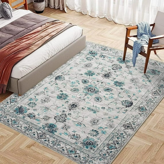 HOMERRY Area Rug 5' x 7' Floral Vintage Rug Machine Washable Rug for Office Patio Dining Room Indoor Outdoor Anti-Slip Carpet, Distressed Grey