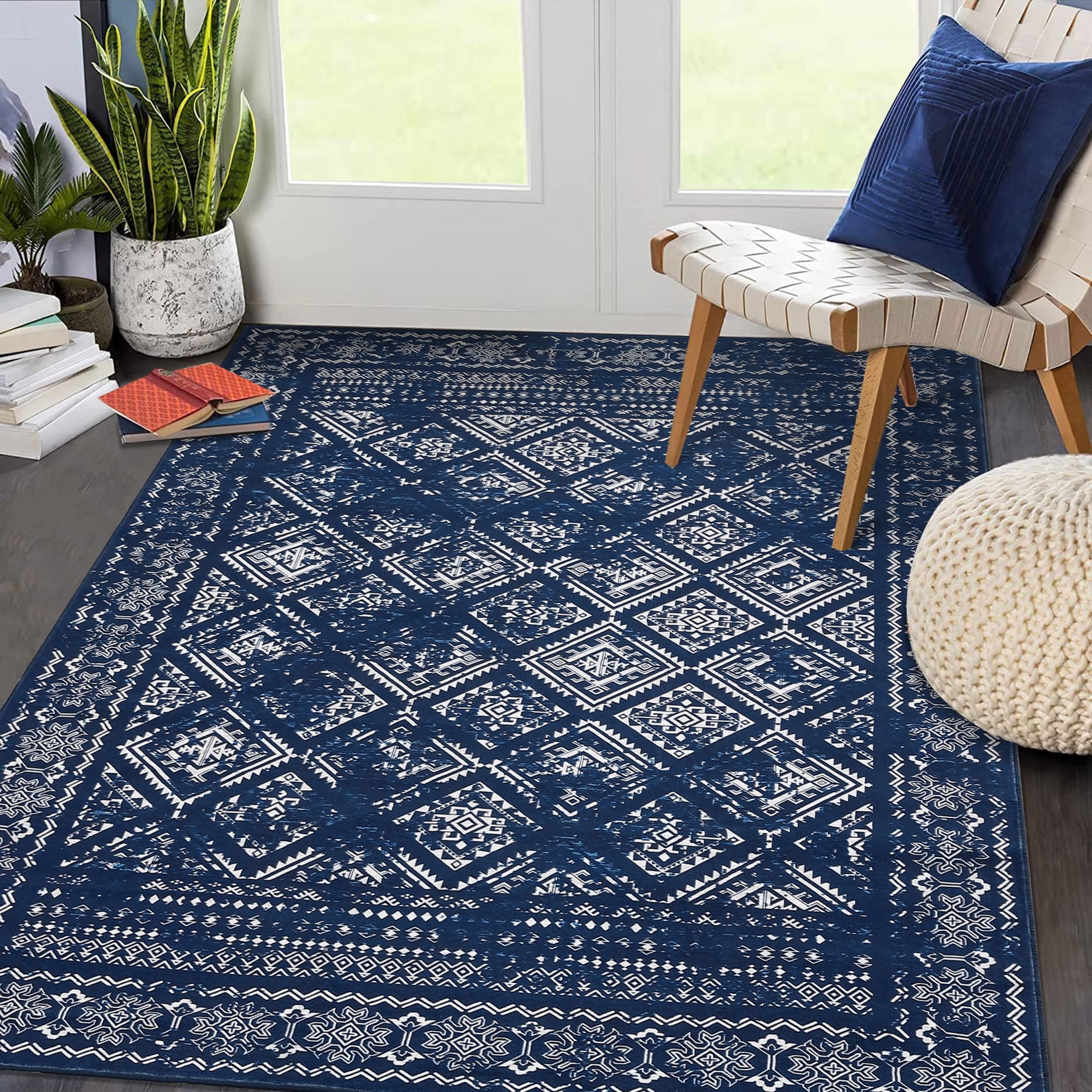 HOMERRY Area Rug 5' x 7' Modern Moroccan Distressed Area Rug for Dining Room Washable Soft Indoor Floor Carpet, Navy