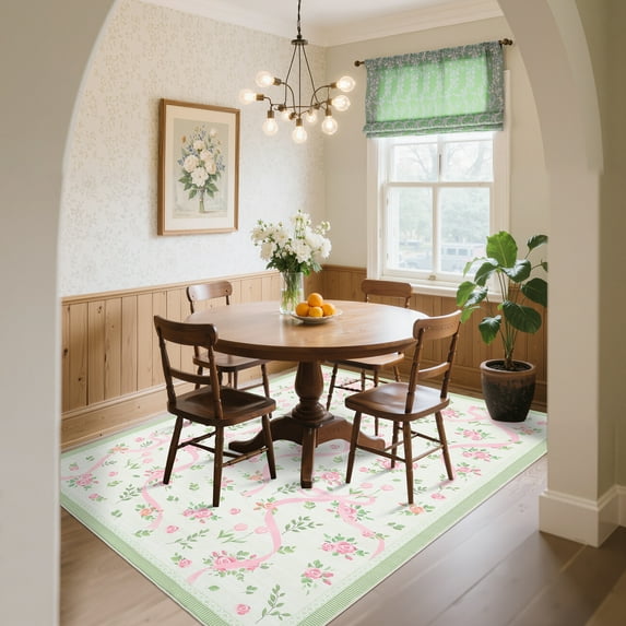 HOMERRY Area Rug 5' x 7' Rugs for Living Room Modern Washable Indoor Bow Floral Print Carpet, Green