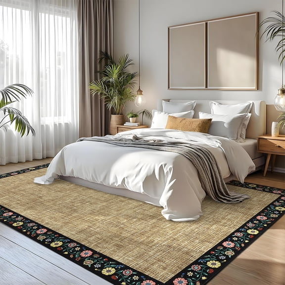 HOMERRY Area Rug 5' x 7' Rugs for Living Room Modern Washable Indoor Floral Border Carpet, Yellow