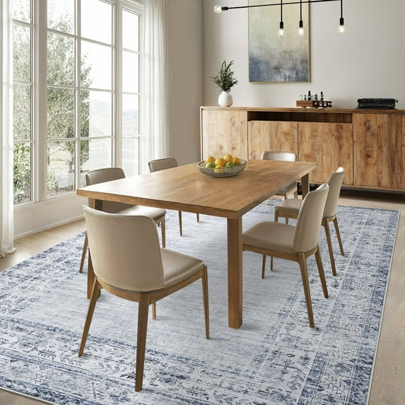 HOMERRY Area Rug 5' x 7' Rugs for Living Room Modern Washable Indoor Floral Border Print Carpet, Blue