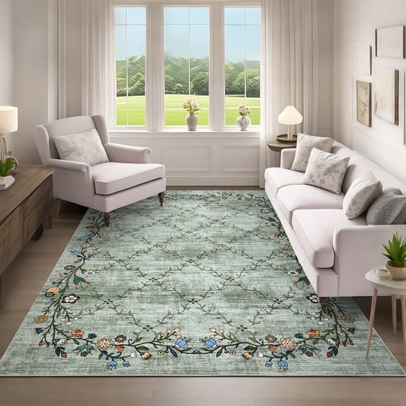HOMERRY Area Rug 5' x 7' Rugs for Living Room Modern Washable Indoor Floral Border Print Carpet, Green