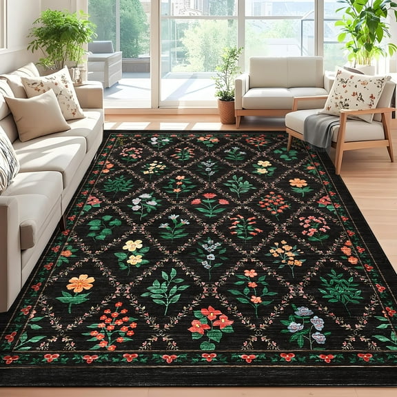 HOMERRY Area Rug 5' x 7' Rugs for Living Room Modern Washable Indoor Floral Carpet, Black