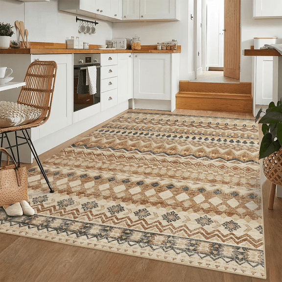 HOMERRY Area Rug 5' x 7' Rugs for Living Room Modern Washable Indoor Floral Print Carpet, Beige/Yellow