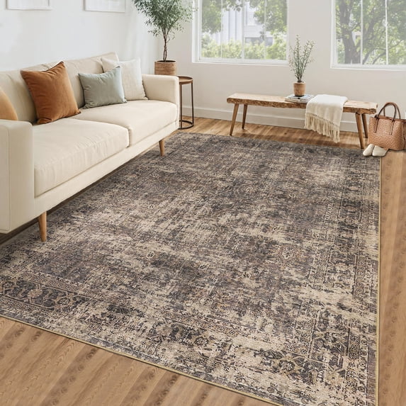 HOMERRY Area Rug 5' x 7' Rugs for Living Room Modern Washable Indoor Floral Print Carpet, Brown/Red