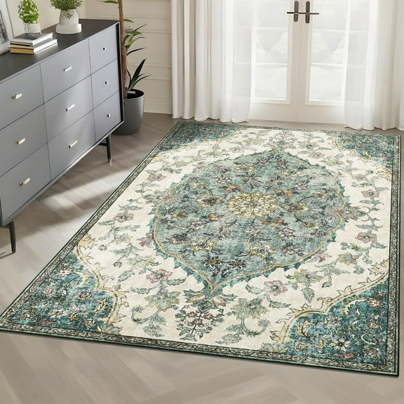 HOMERRY Area Rug 5' x 7' Rugs for Living Room Modern Washable Indoor Floral Print Carpet, Green
