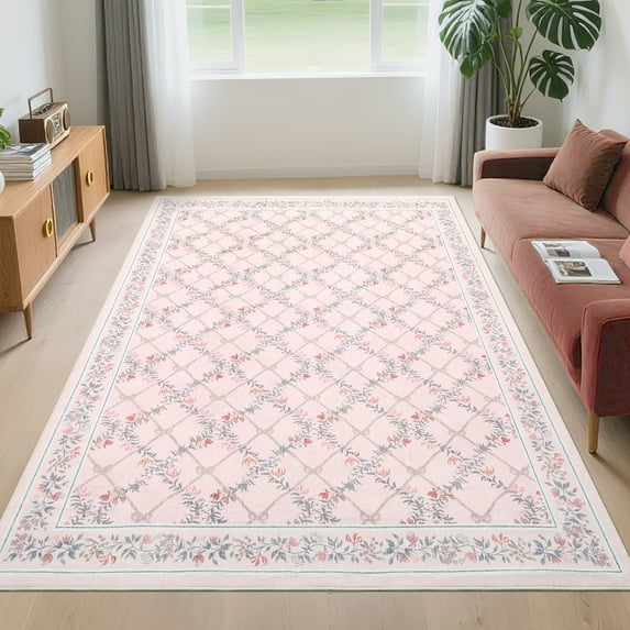 HOMERRY Area Rug 5' x 7' Rugs for Living Room Modern Washable Indoor Floral Print Carpet, Pink