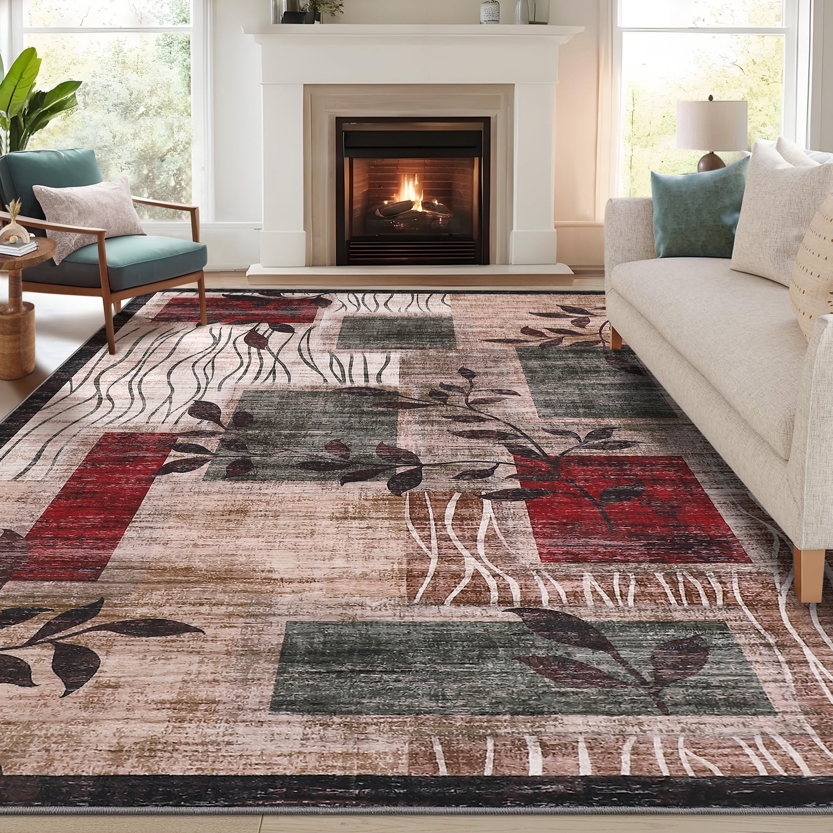 HOMERRY Area Rug 5' x 7' Rugs for Living Room Modern Washable Indoor Floral Print Carpet, Red/Green