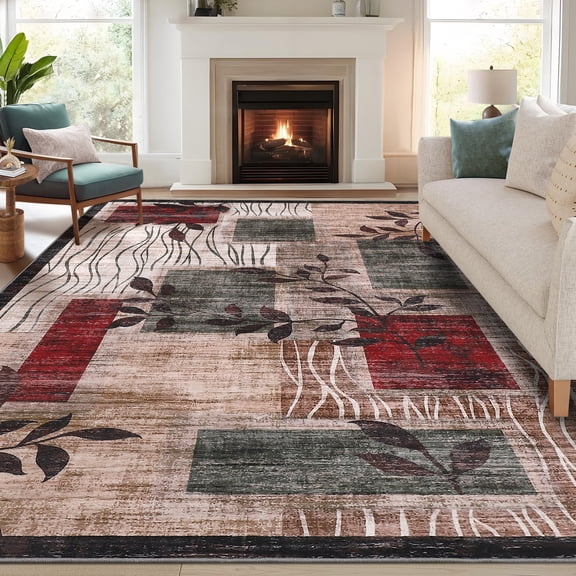 HOMERRY Area Rug 5' x 7' Rugs for Living Room Modern Washable Indoor Floral Print Carpet, Red/Green