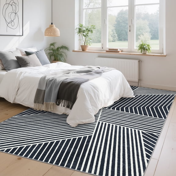 HOMERRY Area Rug 5' x 7' Rugs for Living Room Modern Washable Indoor Geometric Striped Carpet, Black