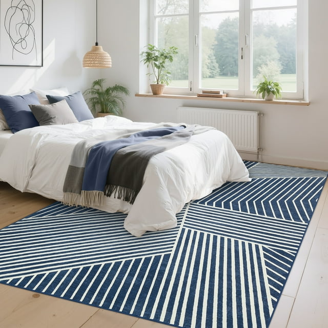 HOMERRY Area Rug 5' x 7' Rugs for Living Room Modern Washable Indoor Geometric Striped Carpet, Blue