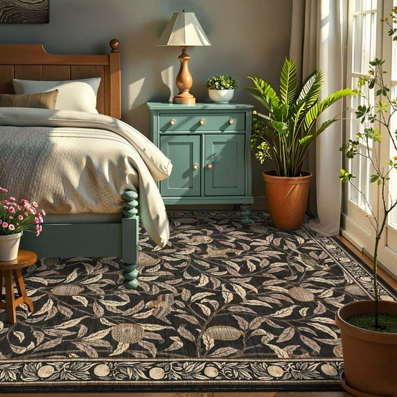 HOMERRY Area Rug 5' x 7' Rugs for Living Room Modern Washable Indoor Leaf Print Carpet, Brown